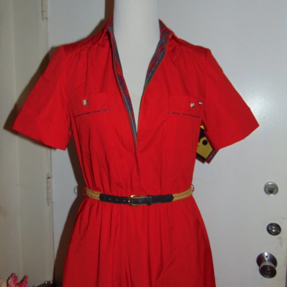 RARE Vintage NOS Sasson Hong Kong Red Cotton A-Line Belted Short Sleeved Dress - Picture 3 of 13